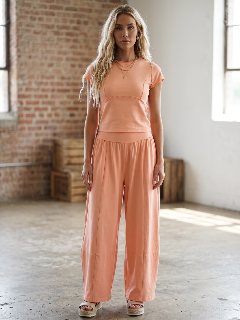 NWT Eesome Apricot 2 Piece Crop Top and Wide Relaxed Barrel Pants Set - Picture 2 of 6